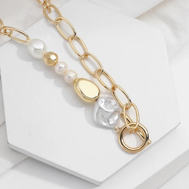 Gold Chain and Pearl Link Necklace – Asymmetrical Statement Jewelry | Modern Elegance from The House of Frost Adorned Collection