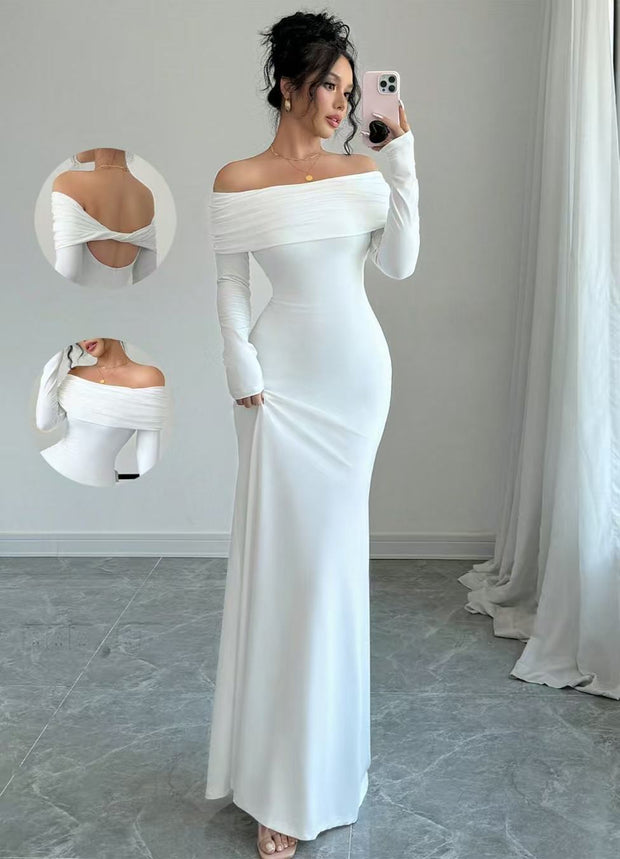Women’s Off-Shoulder Long Sleeve Evening Dress – Slim Fit Solid Color Gown