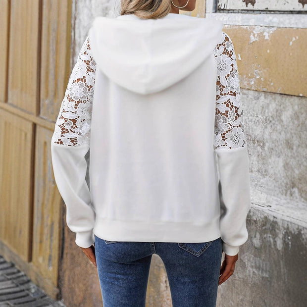 Women’s Lace Stitching Hoodie – Solid Color Long Sleeve Casual Sweater Top