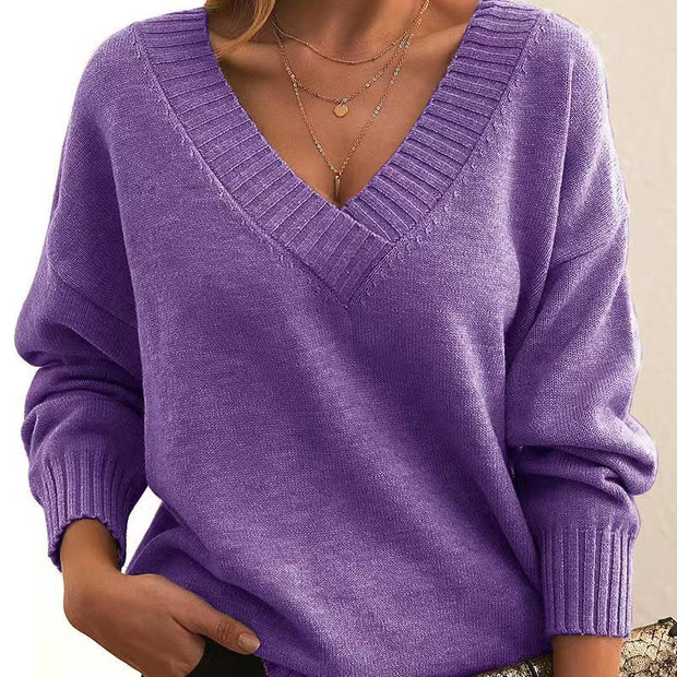 Women’s V-Neck Knit Pullover Sweater – Loose Fit, Cozy & Stylish (Multiple Colors)