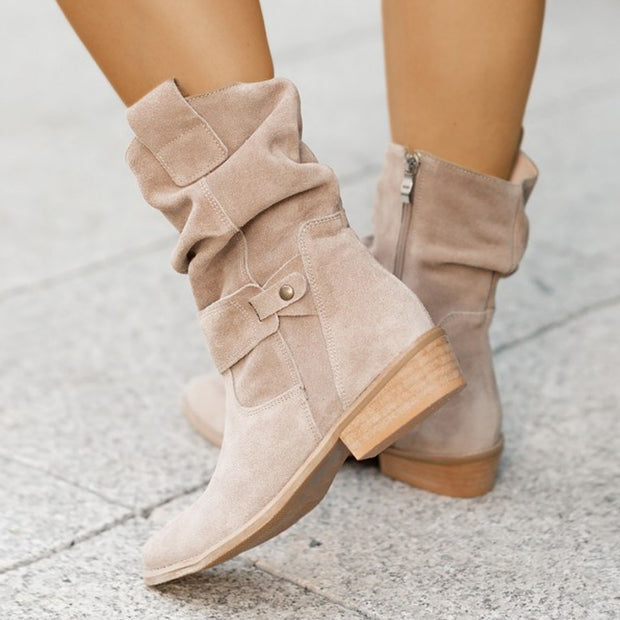 Women’s Suede Mid-Calf Fashion Boots – Comfortable Square Heel, Multiple Colors
