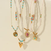 Bohemian Gemstone Beaded Pendant Necklace – Layered Turquoise & Pearl Beads with Gold Accents | Handmade Boho Jewelry for Women