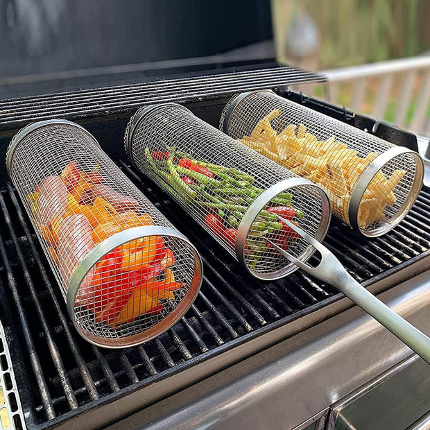 Rolling BBQ Grill Basket – Stainless Steel Rotating Barbecue Basket for Vegetables & Meat