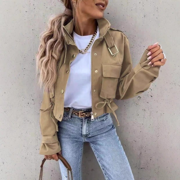 Women’s Cropped Cargo Jacket – Utility Pocket Spandex Streetwear in Khaki, Green & Black