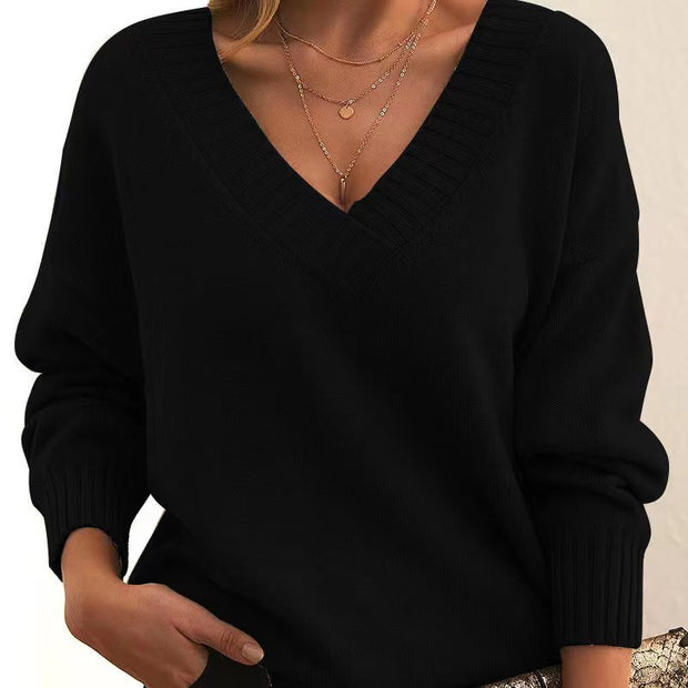 Women’s V-Neck Knit Pullover Sweater – Loose Fit, Cozy & Stylish (Multiple Colors)