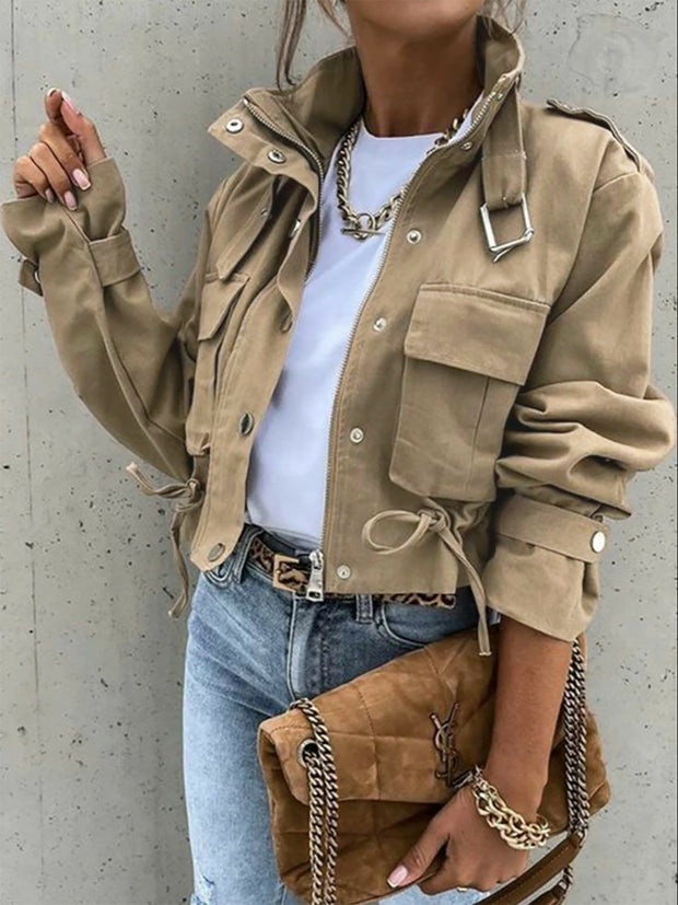 Women’s Cropped Cargo Jacket – Utility Pocket Spandex Streetwear in Khaki, Green & Black