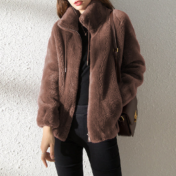 Plush Fleece Zip-Up Jacket – Soft Winter Coat for Women