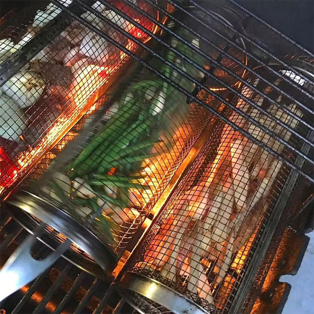 Rolling BBQ Grill Basket – Stainless Steel Rotating Barbecue Basket for Vegetables & Meat