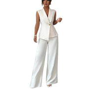 Women’s Elegant Sleeveless Pantsuit – Solid Color Two-Piece Set