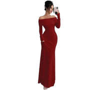 Women’s Off-Shoulder Long Sleeve Evening Dress – Slim Fit Solid Color Gown