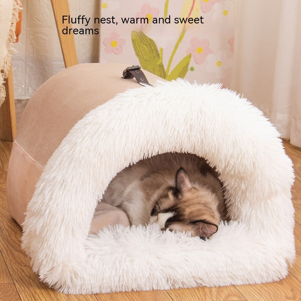 Fluffy Pet Cave Bed – Warm Plush Nest for Cats & Small Dogs