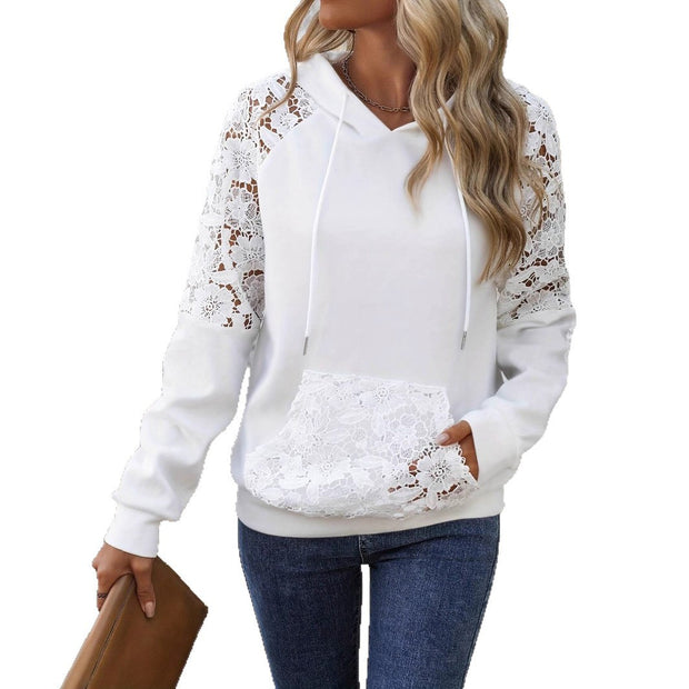 Women’s Lace Stitching Hoodie – Solid Color Long Sleeve Casual Sweater Top