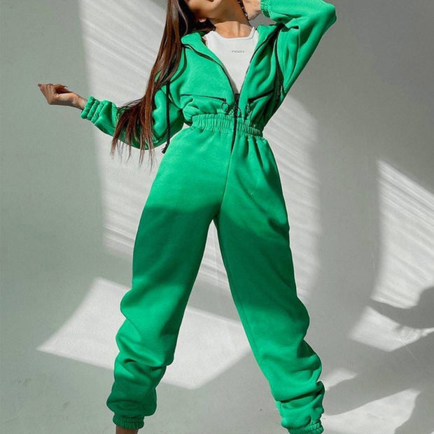 Women’s Zip-Up Jumpsuit – Long Sleeve Spandex Streetwear with Stand Collar (Multiple Colors)