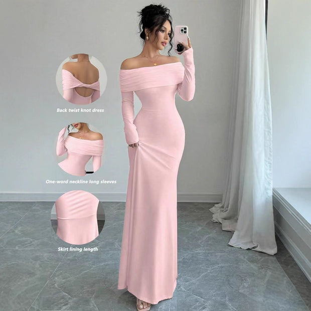Women’s Off-Shoulder Long Sleeve Evening Dress – Slim Fit Solid Color Gown