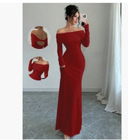 Women’s Off-Shoulder Long Sleeve Evening Dress – Slim Fit Solid Color Gown