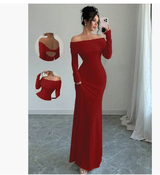 Women’s Off-Shoulder Long Sleeve Evening Dress – Slim Fit Solid Color Gown