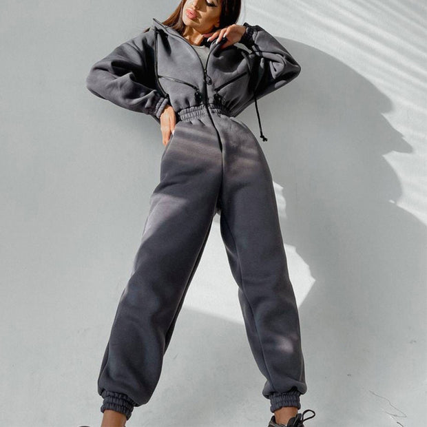 Women’s Zip-Up Jumpsuit – Long Sleeve Spandex Streetwear with Stand Collar (Multiple Colors)