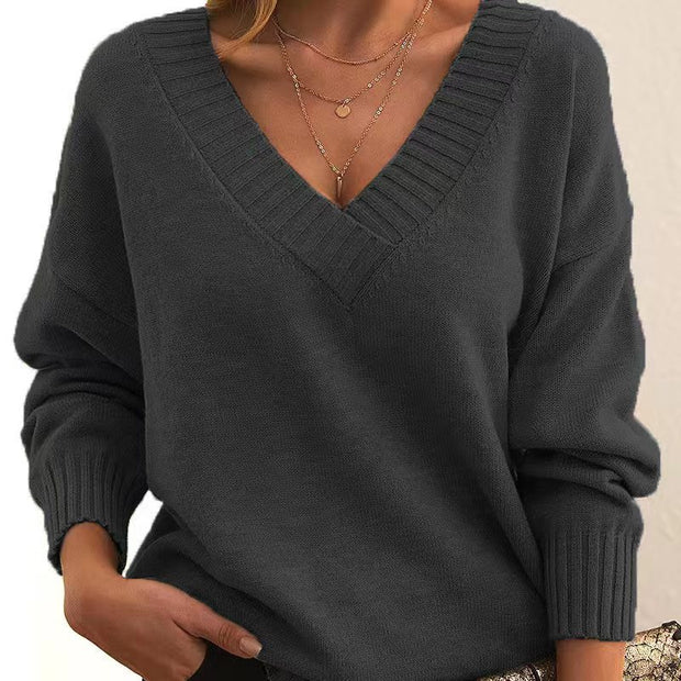 Women’s V-Neck Knit Pullover Sweater – Loose Fit, Cozy & Stylish (Multiple Colors)