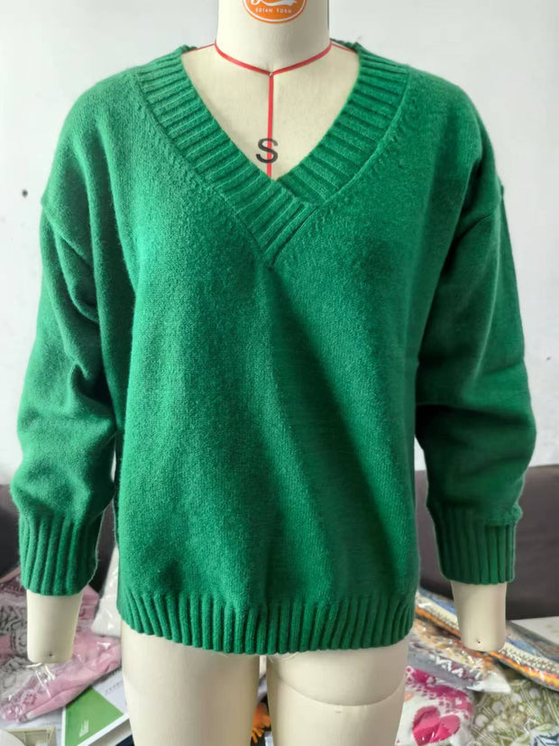 Women’s V-Neck Knit Pullover Sweater – Loose Fit, Cozy & Stylish (Multiple Colors)