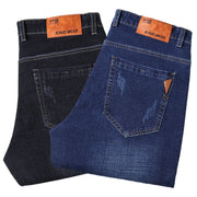 Men’s Straight-Leg Denim Jeans – Mid Waist Casual Washed Trousers for in black and blue options.