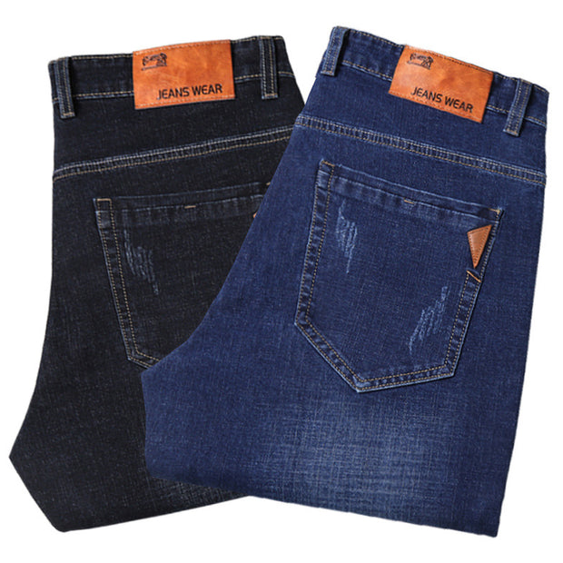 Men’s Straight-Leg Denim Jeans – Mid Waist Casual Washed Trousers for in black and blue options.