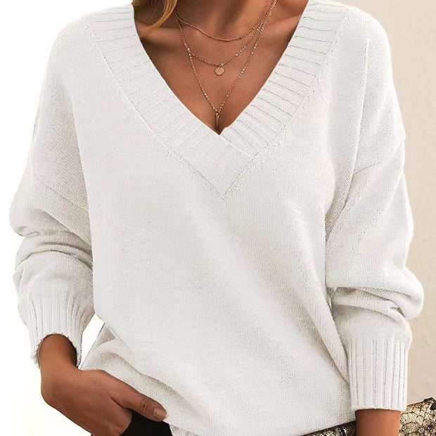 Women’s V-Neck Knit Pullover Sweater – Loose Fit, Cozy & Stylish (Multiple Colors)