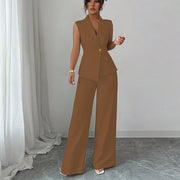 Women’s Elegant Sleeveless Pantsuit – Solid Color Two-Piece Set