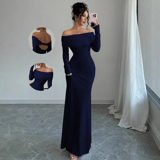 Women’s Off-Shoulder Long Sleeve Evening Dress – Slim Fit Solid Color Gown