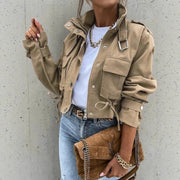 Women’s Cropped Cargo Jacket – Utility Pocket Spandex Streetwear in Khaki, Green & Black