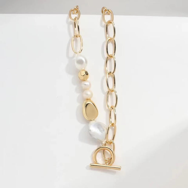 Gold Chain and Pearl Link Necklace – Asymmetrical Statement Jewelry | Modern Elegance from The House of Frost Adorned Collection