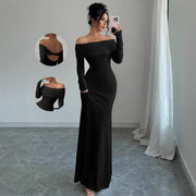 Women’s Off-Shoulder Long Sleeve Evening Dress – Slim Fit Solid Color Gown
