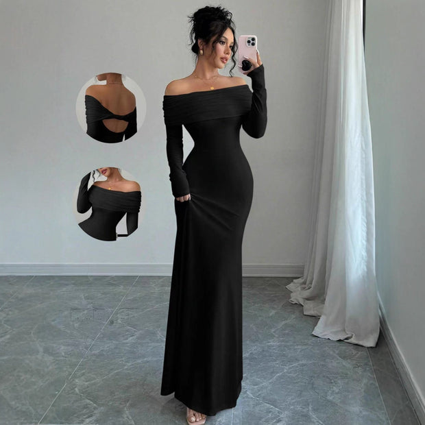 Women’s Off-Shoulder Long Sleeve Evening Dress – Slim Fit Solid Color Gown