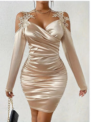 Women’s Satin Lace Shoulder Bodycon Dress – Elegant Off-Shoulder Ruched Mini (Multiple Colors)