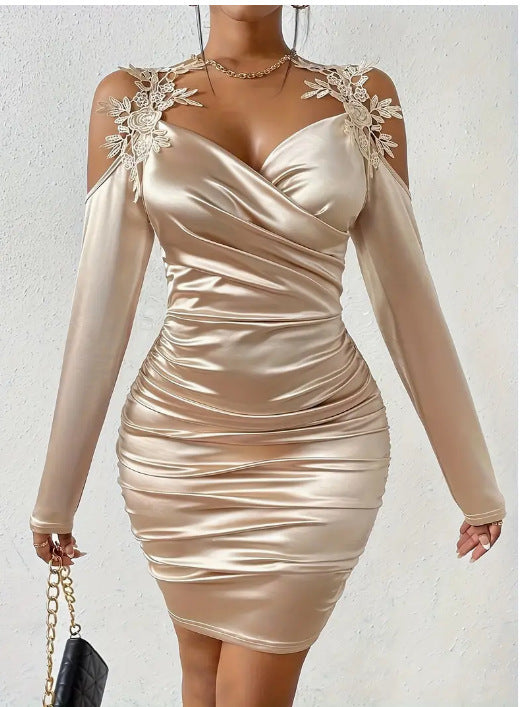 Women’s Satin Lace Shoulder Bodycon Dress – Elegant Off-Shoulder Ruched Mini (Multiple Colors)
