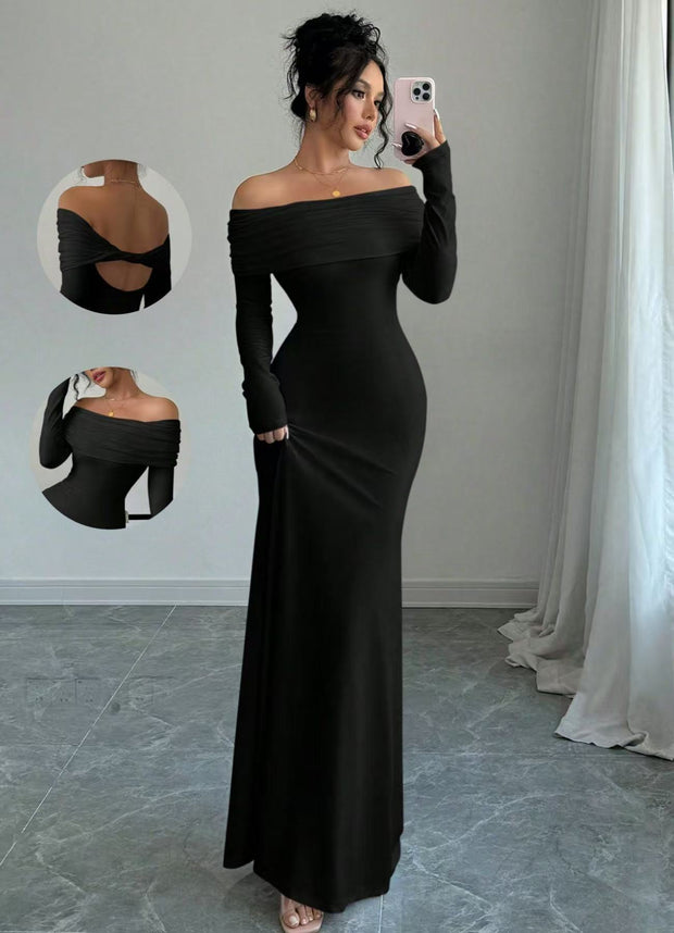 Women’s Off-Shoulder Long Sleeve Evening Dress – Slim Fit Solid Color Gown