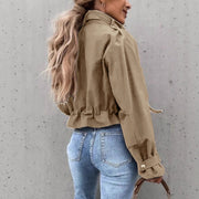 Women’s Cropped Cargo Jacket – Utility Pocket Spandex Streetwear in Khaki, Green & Black