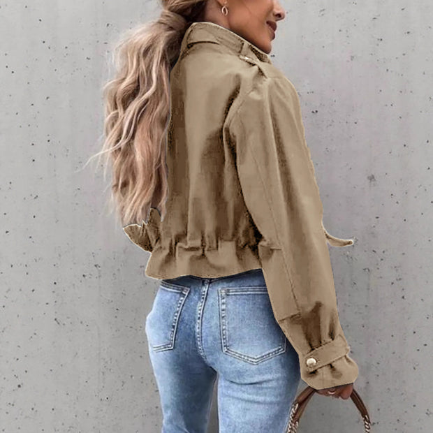 Women’s Cropped Cargo Jacket – Utility Pocket Spandex Streetwear in Khaki, Green & Black