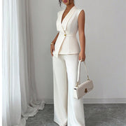 Women’s Elegant Sleeveless Pantsuit – Solid Color Two-Piece Set