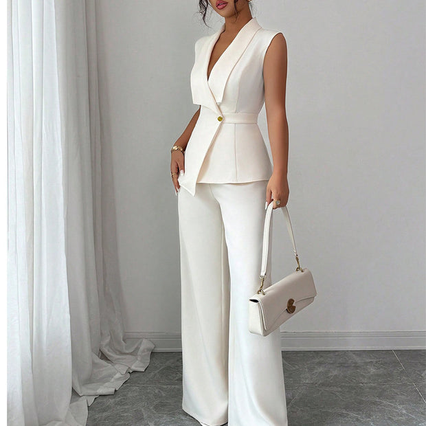 Women’s Elegant Sleeveless Pantsuit – Solid Color Two-Piece Set
