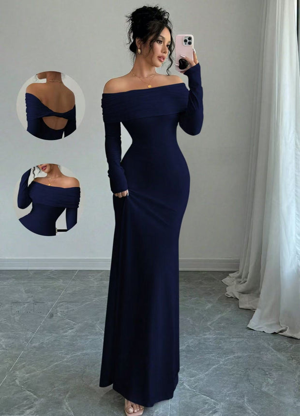 Women’s Off-Shoulder Long Sleeve Evening Dress – Slim Fit Solid Color Gown
