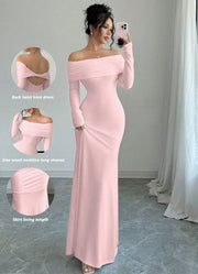 Women’s Off-Shoulder Long Sleeve Evening Dress – Slim Fit Solid Color Gown