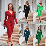 Women’s Elegant Wrap Dress – Long Sleeve Mid-Length Bodycon