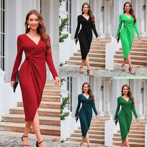 Women’s Elegant Wrap Dress – Long Sleeve Mid-Length Bodycon