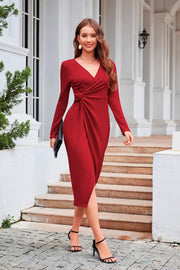 Women’s Elegant Wrap Dress – Long Sleeve Mid-Length Bodycon