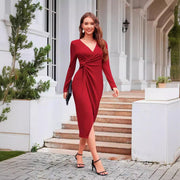 Women’s Elegant Wrap Dress – Long Sleeve Mid-Length Bodycon