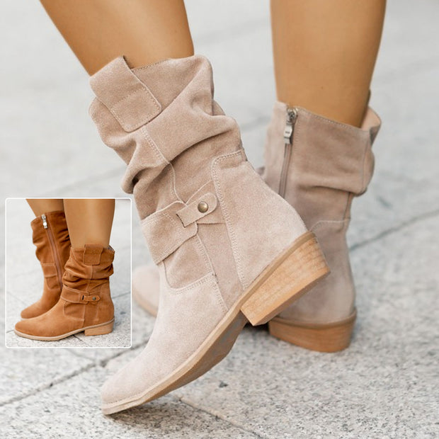 Women’s Suede Mid-Calf Fashion Boots – Comfortable Square Heel, Multiple Colors
