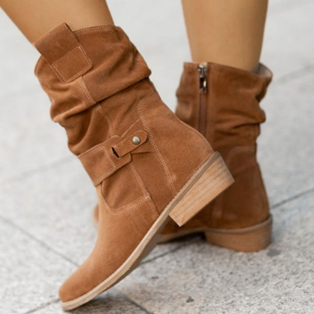 Women’s Suede Mid-Calf Fashion Boots – Comfortable Square Heel, Multiple Colors