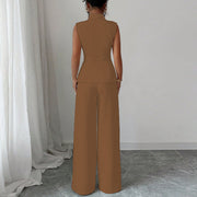 Women’s Elegant Sleeveless Pantsuit – Solid Color Two-Piece Set