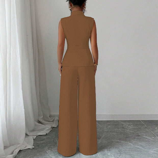 Women’s Elegant Sleeveless Pantsuit – Solid Color Two-Piece Set