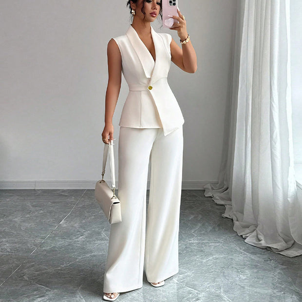 Women’s Elegant Sleeveless Pantsuit – Solid Color Two-Piece Set
